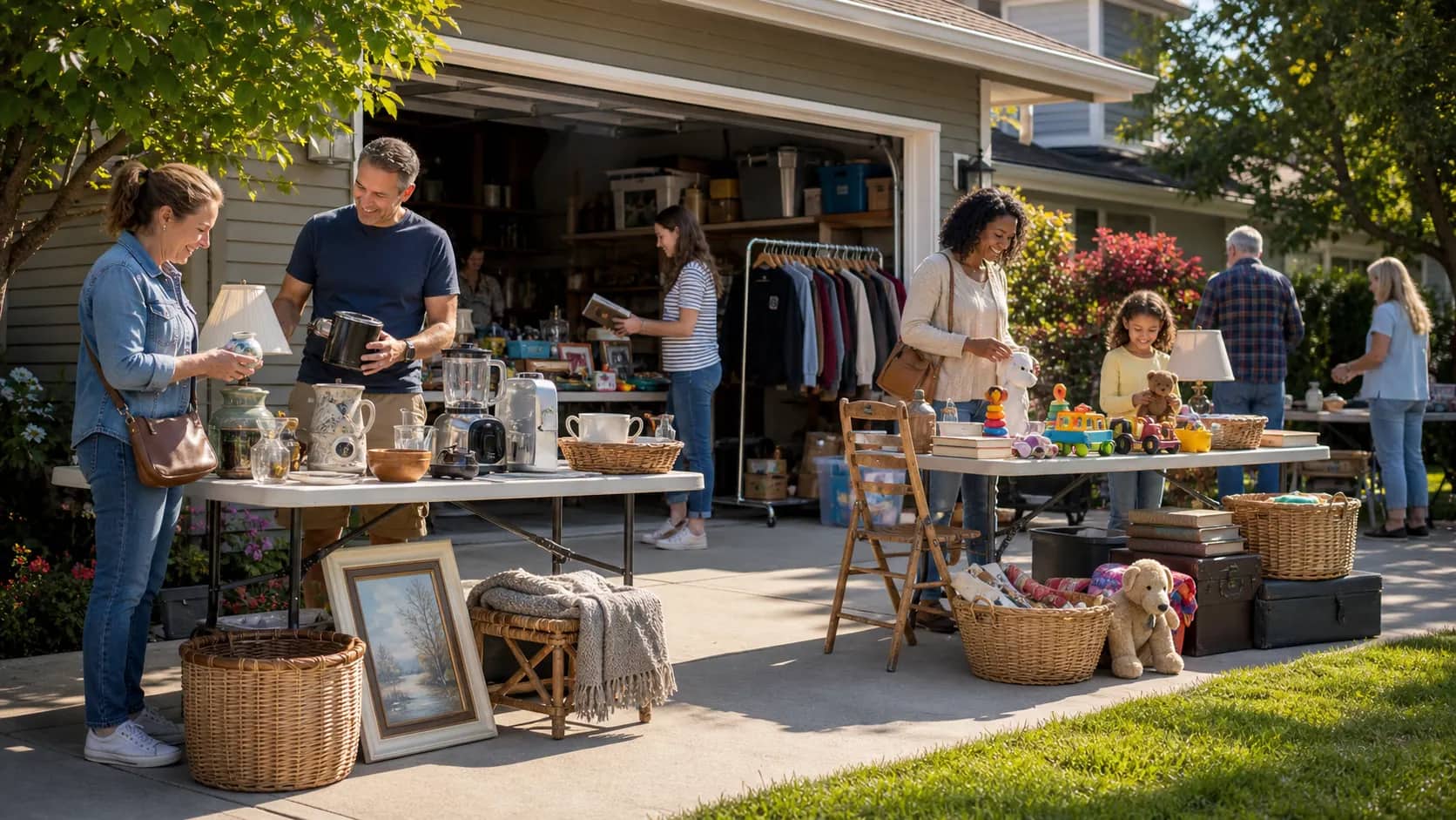 Colorful driveway rummage sale with tables of household items. Photo 1 of 4.