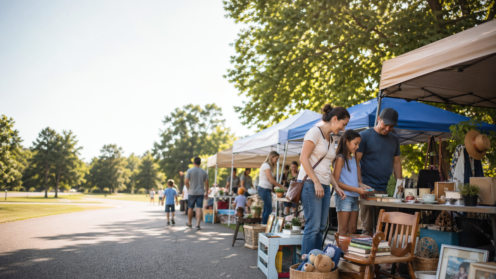 Families browsing tables at a sunny community market