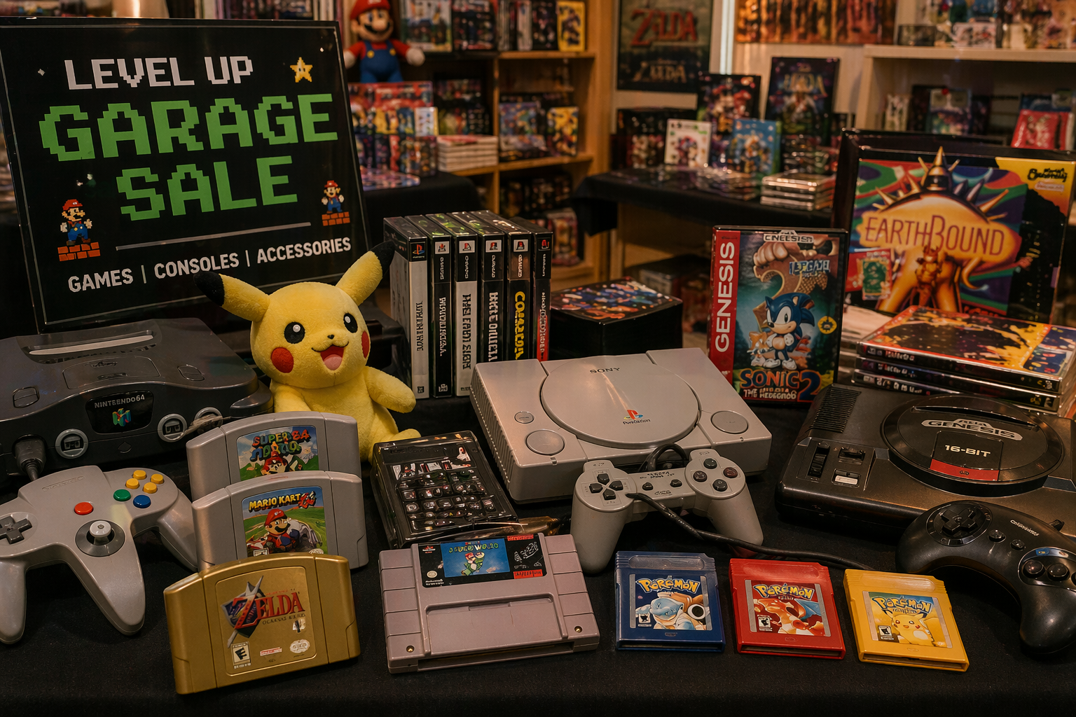 Retro games and collectible sale items displayed on a table